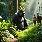 A lush, green Rwandan jungle scene. In the foreground, a group of tourists in hiking gear are observing a majestic silverback gorilla and its family. The gorillas appear relaxed and unbothered by the presence of the humans. Sunlight filters through the dense canopy.