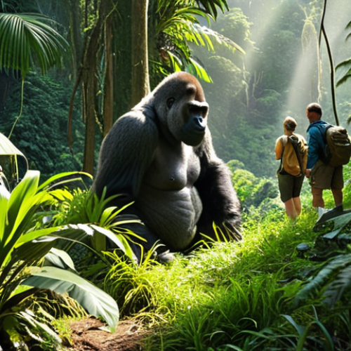 Home 15 A lush, green Rwandan jungle scene. In the foreground, a group of tourists in hiking gear are observing a majestic silverback gorilla and its family. The gorillas appear relaxed and unbothered by the presence of the humans. Sunlight filters through the dense canopy.