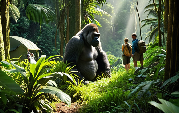 A lush, green Rwandan jungle scene. In the foreground, a group of tourists in hiking gear are observing a majestic silverback gorilla and its family. The gorillas appear relaxed and unbothered by the presence of the humans. Sunlight filters through the dense canopy.