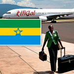 **Image Prompt:** A vibrant travel poster depicting Kigali International Airport (KGL) with an Ethiopian Airlines plane taking off in the background. In the foreground, a traveler smiles, holding a suitcase with a Rwanda flag sticker. The poster should evoke a sense of adventure and excitement for exploring Rwanda. Include text: "Rwanda: Your Adventure Starts Here!"