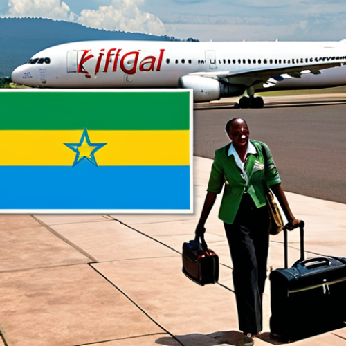 Home 14 **Image Prompt:** A vibrant travel poster depicting Kigali International Airport (KGL) with an Ethiopian Airlines plane taking off in the background. In the foreground, a traveler smiles, holding a suitcase with a Rwanda flag sticker. The poster should evoke a sense of adventure and excitement for exploring Rwanda. Include text: "Rwanda: Your Adventure Starts Here!"
