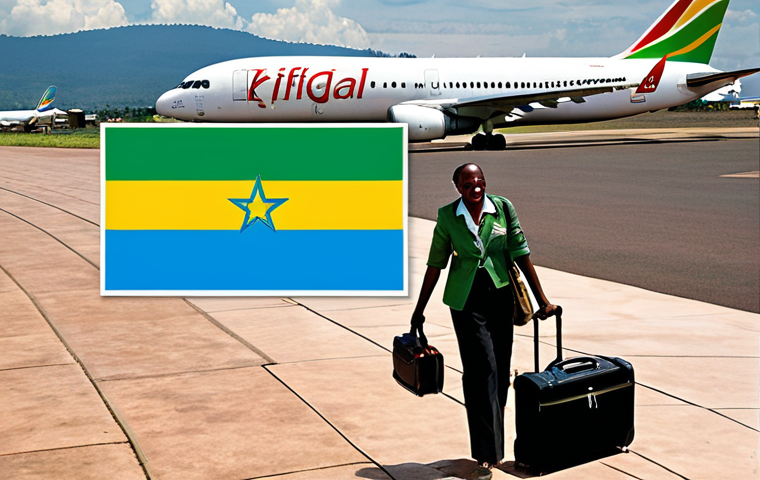 **Image Prompt:** A vibrant travel poster depicting Kigali International Airport (KGL) with an Ethiopian Airlines plane taking off in the background. In the foreground, a traveler smiles, holding a suitcase with a Rwanda flag sticker. The poster should evoke a sense of adventure and excitement for exploring Rwanda. Include text: "Rwanda: Your Adventure Starts Here!"