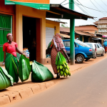 Clean Kigali city street scene: showcasing well-maintained streets, possibly with market vendors using banana leaf packaging, and pedestrians using reusable bags instead of plastic bags.
