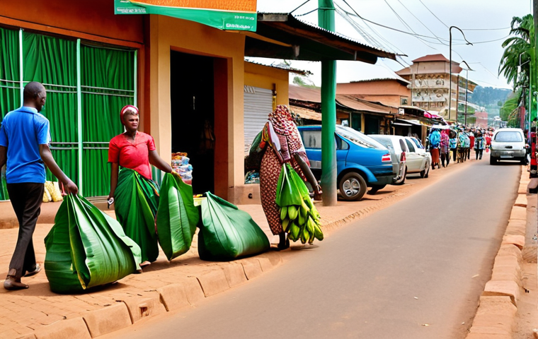 Clean Kigali city street scene: showcasing well-maintained streets, possibly with market vendors using banana leaf packaging, and pedestrians using reusable bags instead of plastic bags.