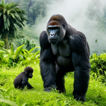 A majestic silverback mountain gorilla with a baby gorilla clinging to its back, peacefully foraging amidst the dense, misty tropical rainforest of Volcanoes National Park, Rwanda. The background features lush green foliage and subtle hints of volcanic peaks. A professional park ranger, an adult, fully clothed in modest and appropriate attire, is respectfully observing the scene from a distance, embodying dedication. The image is a professional wildlife photograph with high detail, natural lighting, perfect anatomy, correct proportions, and a natural pose, safe for work, appropriate content, and family-friendly.