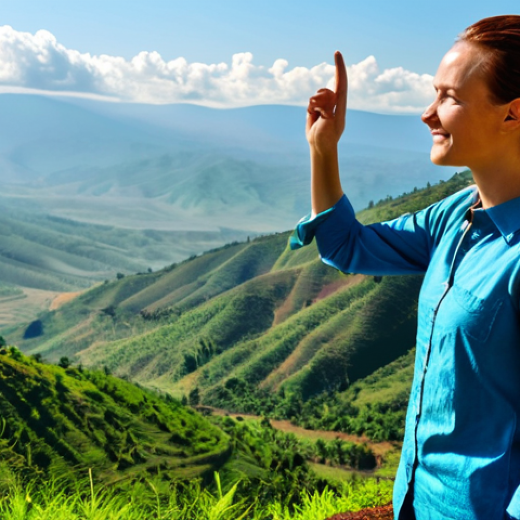A professional female traveler, fully clothed in modest and comfortable outdoor attire, stands at a scenic viewpoint overlooking the "Land of a Thousand Hills" in Rwanda. The vast landscape features endless rolling green hills under a bright, warm, and clear sky, bathed in pleasant sunlight. A gentle, cool breeze rustles her hair slightly. The scene evokes a sense of peace and natural beauty. Perfect anatomy, correct proportions, natural pose, well-formed hands, proper finger count, natural body proportions. Professional photography, high quality, vibrant colors, safe for work, appropriate content, fully clothed, modest, family-friendly.