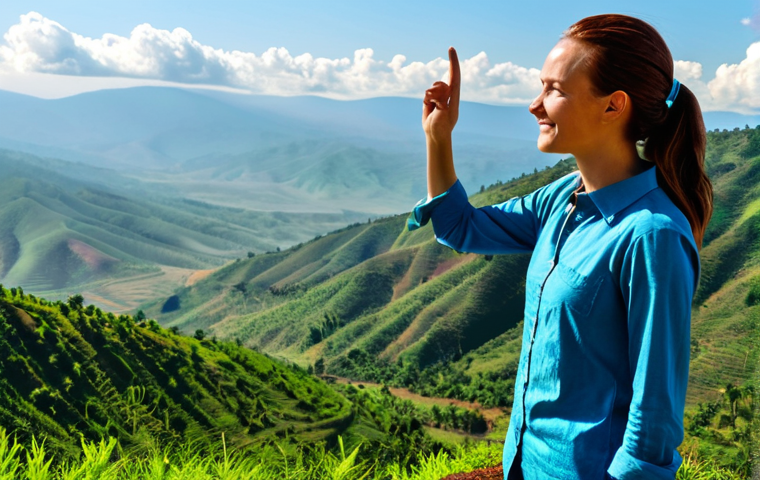 A professional female traveler, fully clothed in modest and comfortable outdoor attire, stands at a scenic viewpoint overlooking the "Land of a Thousand Hills" in Rwanda. The vast landscape features endless rolling green hills under a bright, warm, and clear sky, bathed in pleasant sunlight. A gentle, cool breeze rustles her hair slightly. The scene evokes a sense of peace and natural beauty. Perfect anatomy, correct proportions, natural pose, well-formed hands, proper finger count, natural body proportions. Professional photography, high quality, vibrant colors, safe for work, appropriate content, fully clothed, modest, family-friendly.