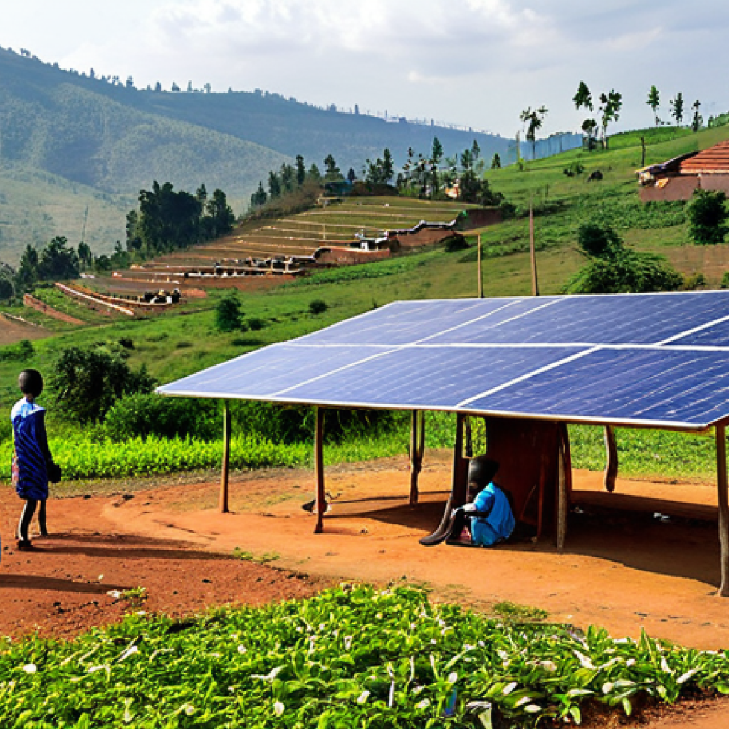 Solar Power in Rural Rwanda**
"A vast solar panel field in the Rwandan countryside, bathed in bright sunlight, providing power to a small, modern village in the distance. In the foreground, fully clothed children are studying outside their homes under electric lights, safe for work, appropriate content, fully clothed, professional photography, perfect anatomy, natural proportions, high quality, family-friendly."
**