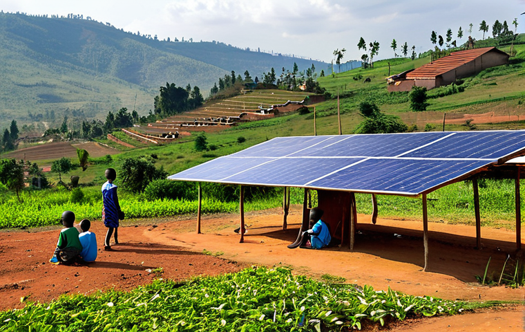 Solar Power in Rural Rwanda**
"A vast solar panel field in the Rwandan countryside, bathed in bright sunlight, providing power to a small, modern village in the distance. In the foreground, fully clothed children are studying outside their homes under electric lights, safe for work, appropriate content, fully clothed, professional photography, perfect anatomy, natural proportions, high quality, family-friendly."
**