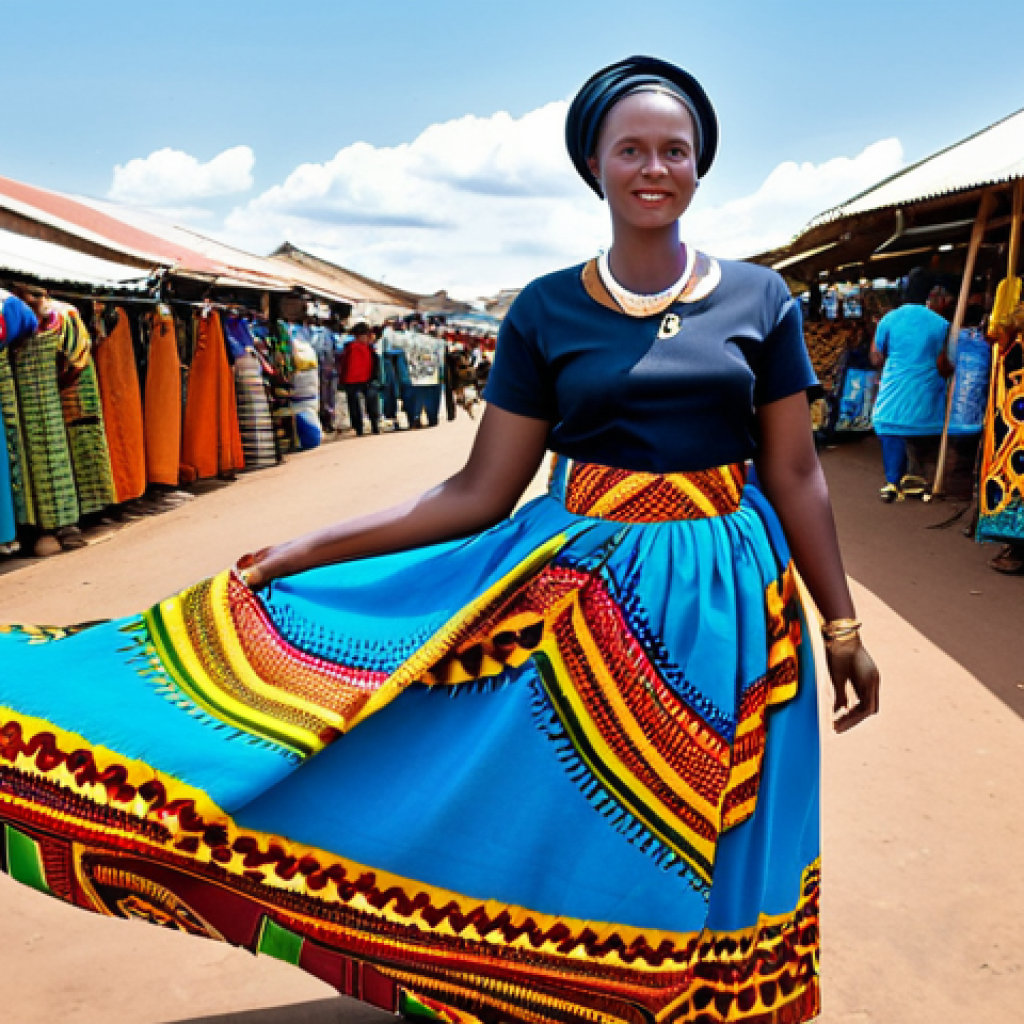 **
"A Rwandan woman in traditional Imvutsi skirt and Umushanana shawl, fully clothed in modest attire, standing in a vibrant marketplace, showcasing colorful Kitenge fabrics, perfect anatomy, correct proportions, professional photography, safe for work, appropriate content, family-friendly."
**