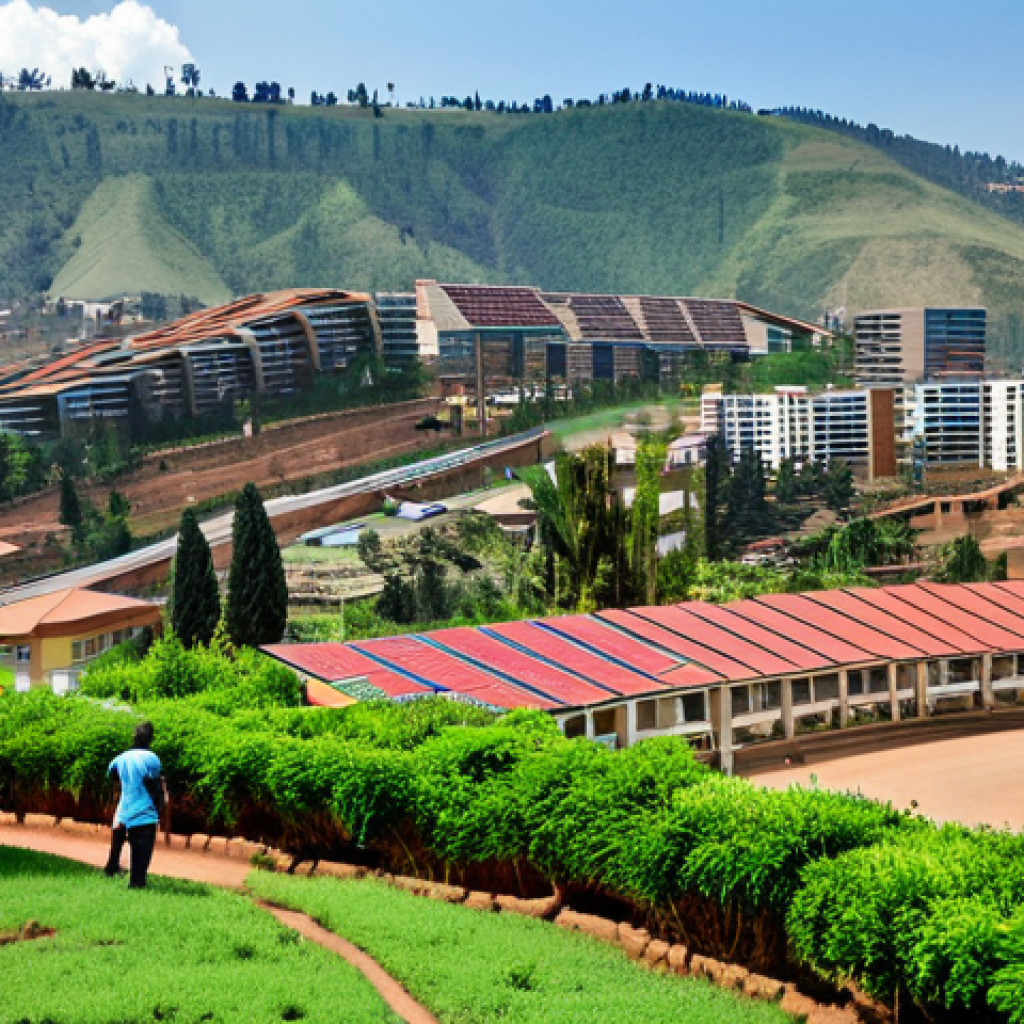 **
"A vibrant panoramic view of Kigali, Rwanda, showcasing modern architecture blended with green spaces. Rolling hills in the background. The city is clean and orderly, with visible efforts towards sustainability, such as solar panels on rooftops. People are engaged in community service, 'Umuganda', cleaning streets and planting trees, fully clothed, appropriate attire, safe for work, perfect anatomy, natural proportions, professional, family-friendly, well-formed hands, proper finger count."
**