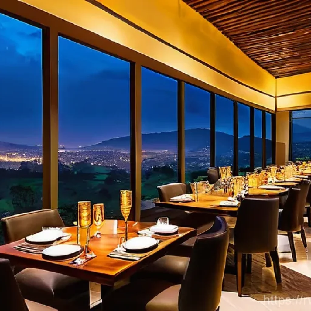 르완다 전통 요리 - **A high-end Rwandan restaurant in Kigali at dusk, featuring a panoramic view of the city lights shi...
