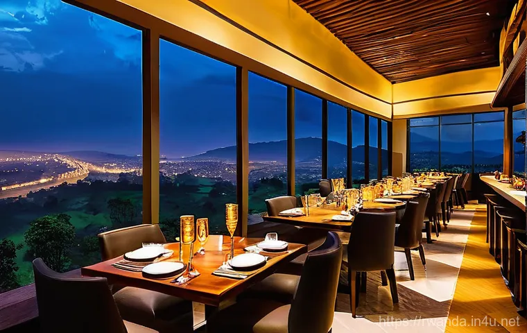 르완다 전통 요리 - **A high-end Rwandan restaurant in Kigali at dusk, featuring a panoramic view of the city lights shi...