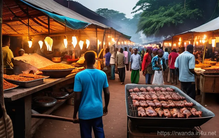 르완다 전통 요리 - **A high-end Rwandan restaurant in Kigali at dusk, featuring a panoramic view of the city lights shi...
