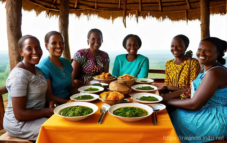 르완다 전통 요리 - **A bustling evening street food market in Rwanda, vibrant with activity and color. In the foregroun...