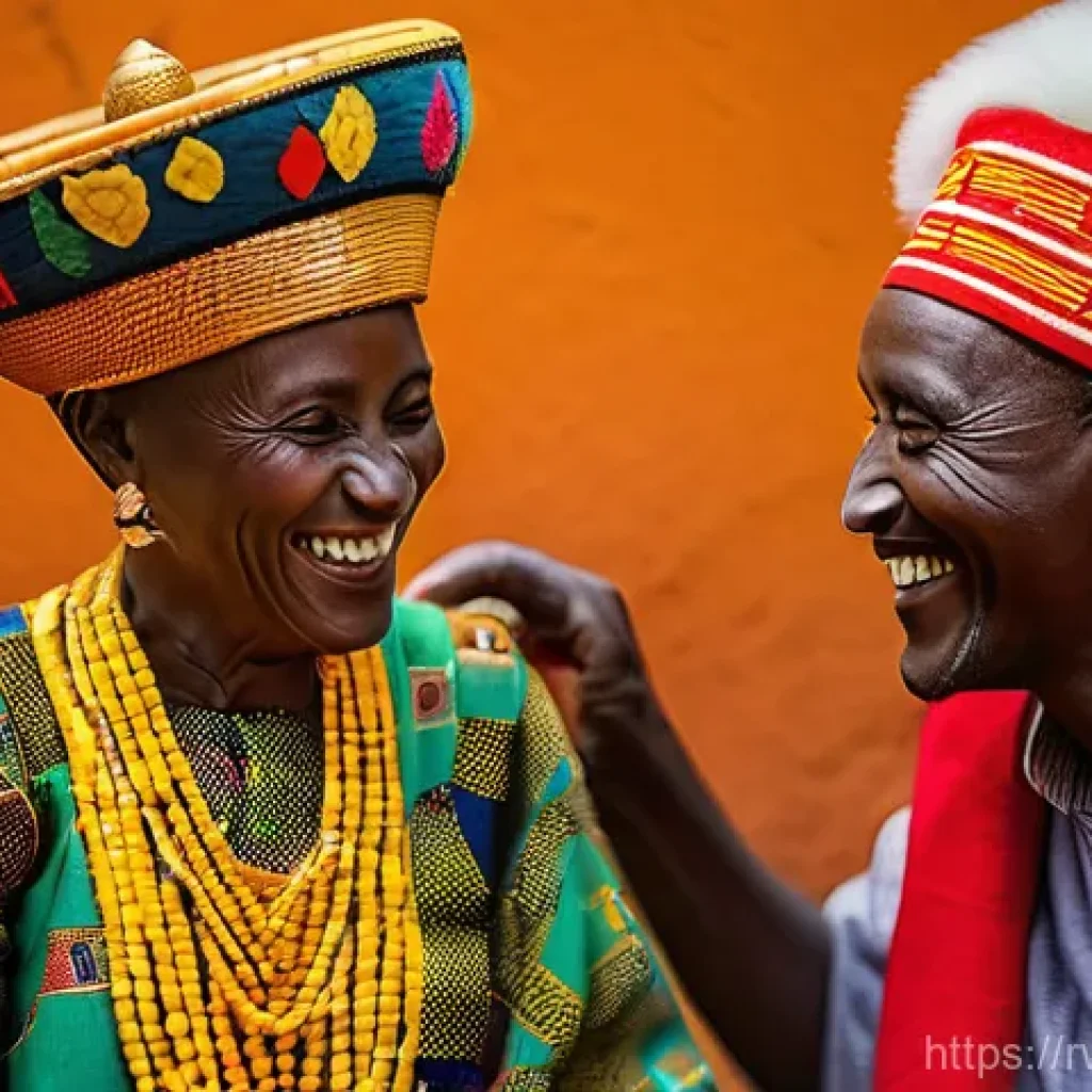 르완다 전통 결혼식 풍경 - A vibrant scene depicting a Rwandan dowry negotiation (Gusaba), with an older man playfully placing ...