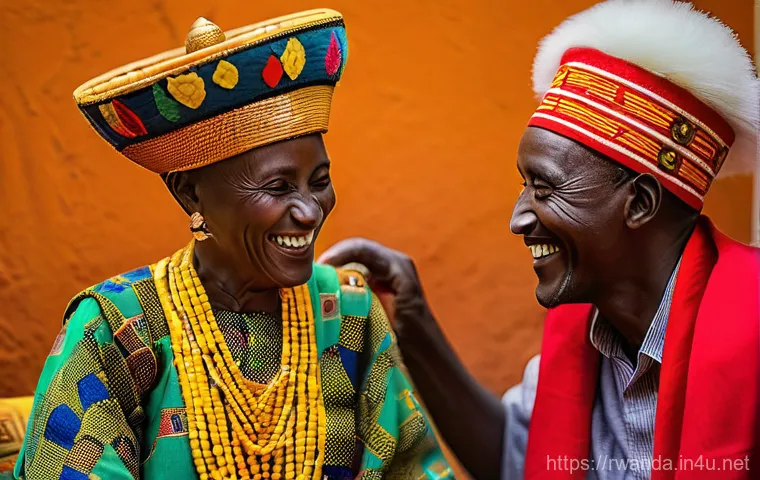 르완다 전통 결혼식 풍경 - A vibrant scene depicting a Rwandan dowry negotiation (Gusaba), with an older man playfully placing ...