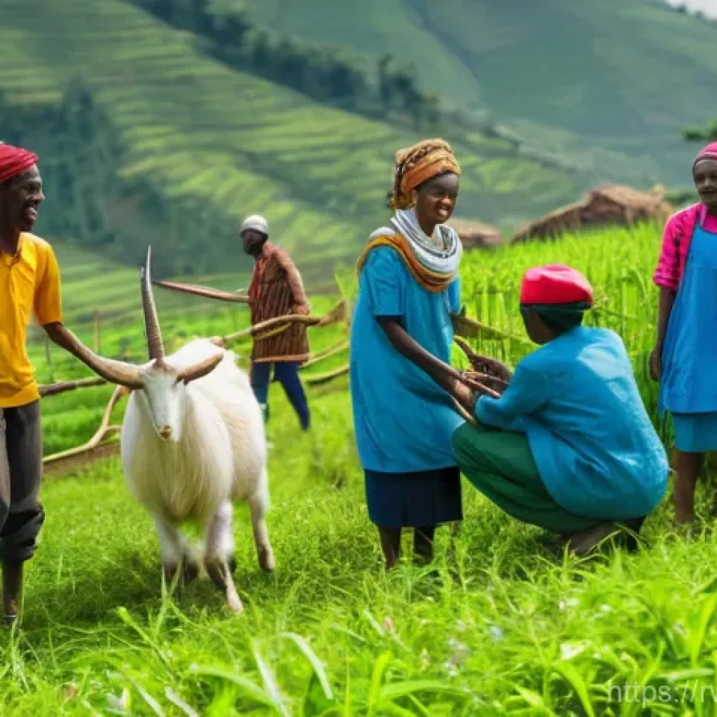 르완다 축제 및 행사 - A vibrant and heartwarming scene depicting a "Goat Bank" initiative in a rural Rwandan village. Inte...