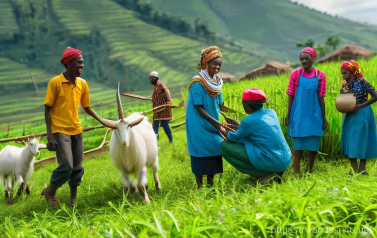 르완다 축제 및 행사 - A vibrant and heartwarming scene depicting a "Goat Bank" initiative in a rural Rwandan village. Inte...
