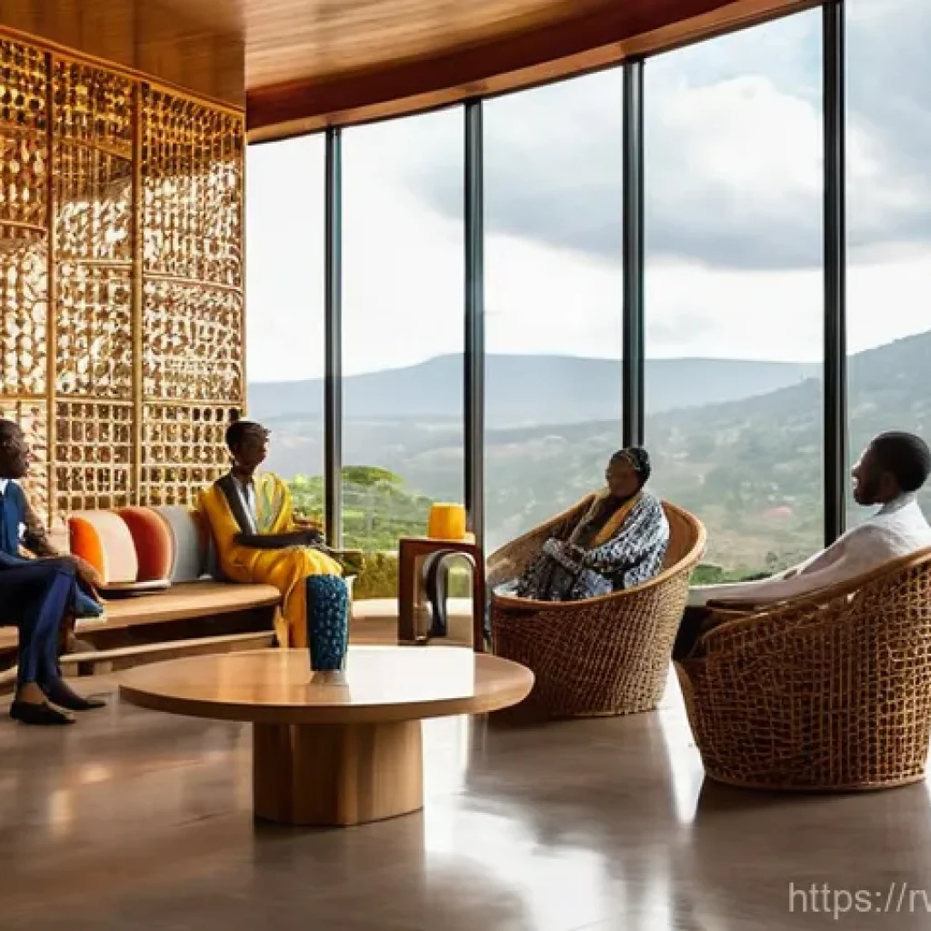 르완다의 전통 예술 교육 - **Prompt 1: Kigali's Urban Tapestry**
    "A vibrant, modern boutique hotel lobby in Kigali, Rwanda,...