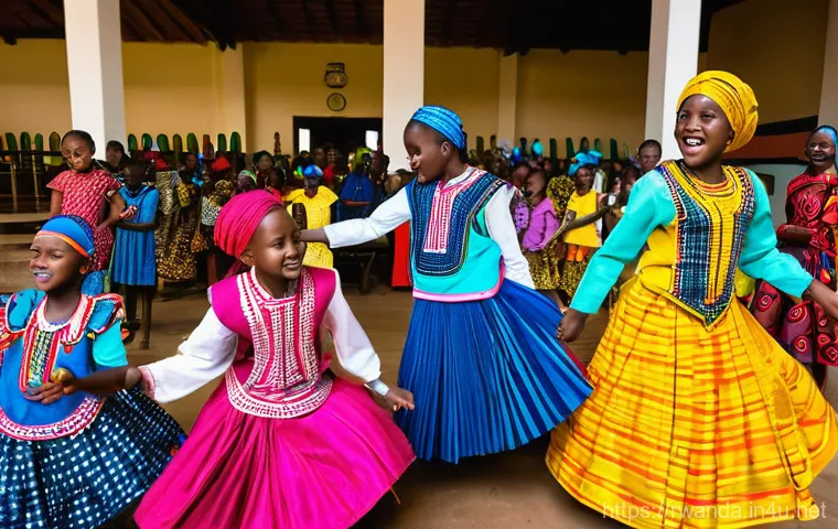 르완다의 전통 예술 교육 - **Prompt 2: Children Embracing Imigongo Art**
    "A group of diverse Rwandan children, aged 8-12, a...