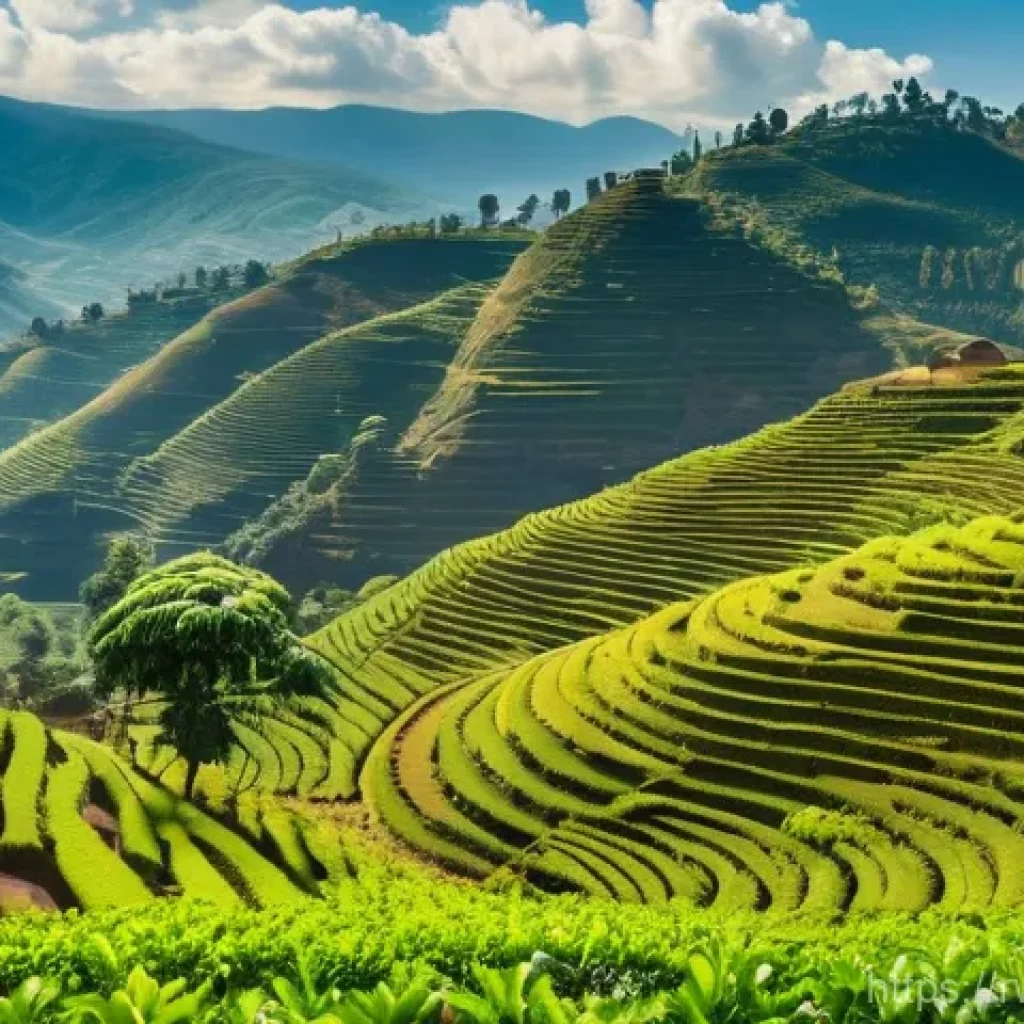 르완다에서의 유기농 제품 소비 - A breathtaking panoramic view of terraced organic coffee farms in Rwanda, bathed in warm morning sun...