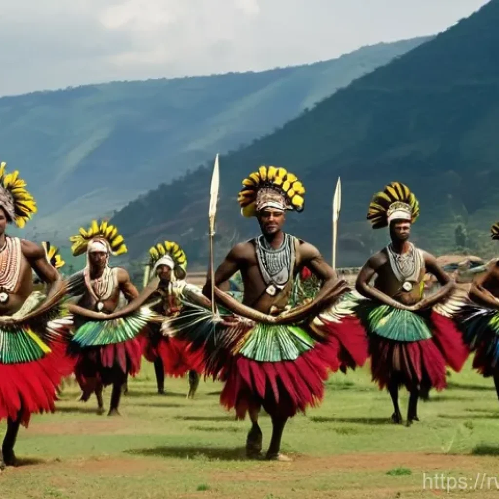 르완다의 민속 춤 역사 강의 - A dynamic wide shot of Rwandan male dancers performing the Intore "Warrior's Dance." They are dresse...