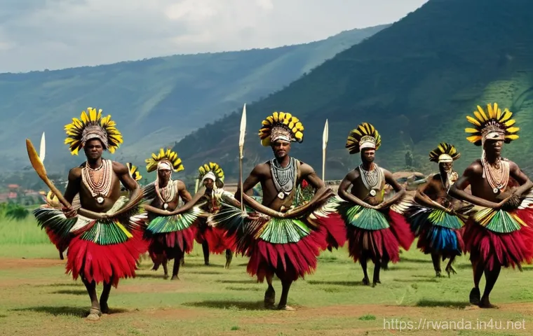 르완다의 민속 춤 역사 강의 - A dynamic wide shot of Rwandan male dancers performing the Intore "Warrior's Dance." They are dresse...