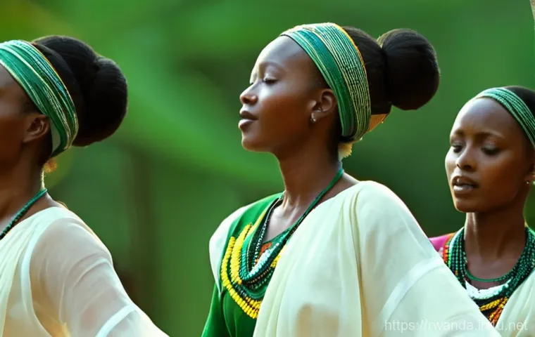 르완다의 민속 춤 역사 강의 - A dynamic wide shot of Rwandan male dancers performing the Intore "Warrior's Dance." They are dresse...