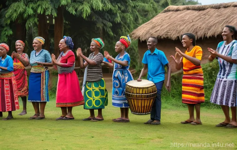 르완다의 민속 춤 역사 강의 - A graceful close-up and medium shot of Rwandan female dancers performing the Umushagiriro dance. The...
