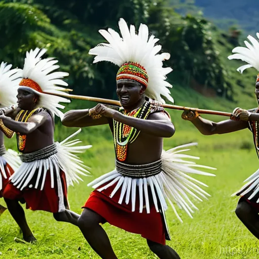 르완다 민속 춤의 지역적 차이 - **A dynamic depiction of the Rwandan Intore dance.** A group of strong male Intore dancers, fully cl...