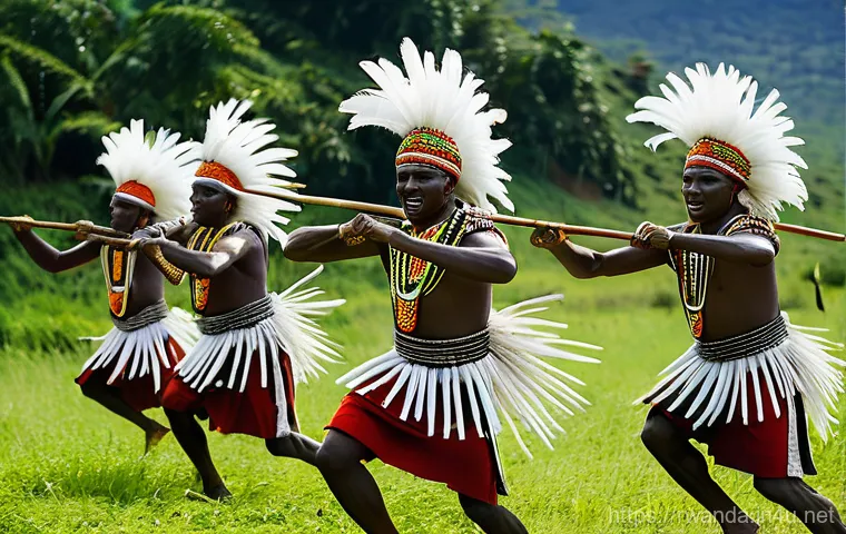 르완다 민속 춤의 지역적 차이 - **A dynamic depiction of the Rwandan Intore dance.** A group of strong male Intore dancers, fully cl...