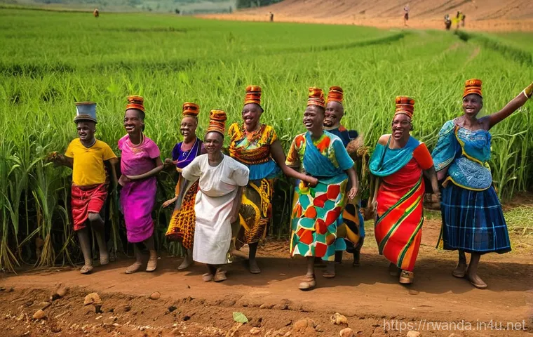 르완다 민속 춤의 지역적 차이 - **A dynamic depiction of the Rwandan Intore dance.** A group of strong male Intore dancers, fully cl...