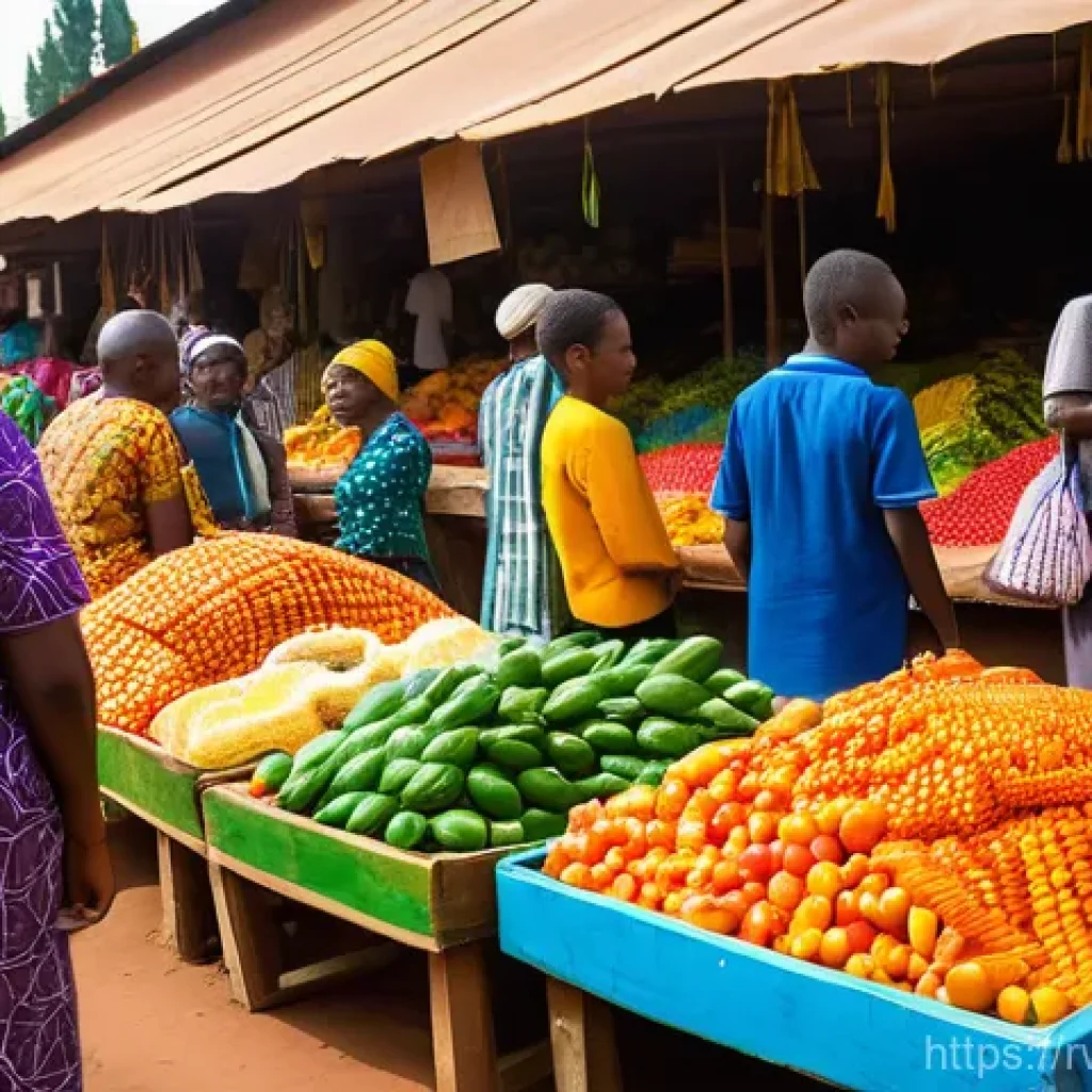 르완다 전통 공예품 시장 - A vibrant and bustling traditional Rwandan market in Kigali, filled with a kaleidoscope of colors. S...