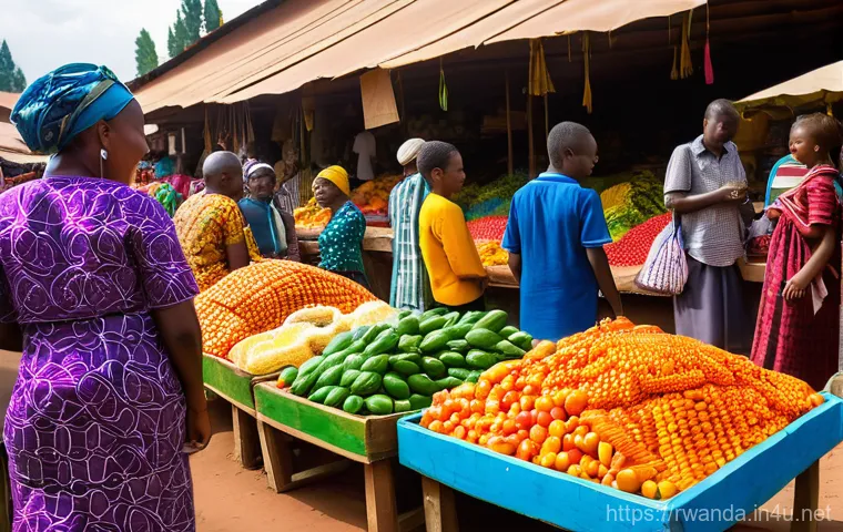 르완다 전통 공예품 시장 - A vibrant and bustling traditional Rwandan market in Kigali, filled with a kaleidoscope of colors. S...
