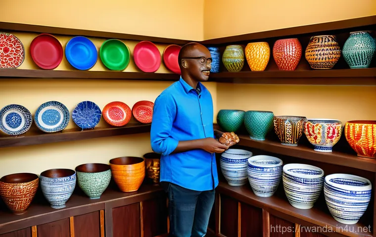르완다 전통 공예품 시장 - A close-up, intimate shot of a skilled Rwandan artisan's hands meticulously creating traditional cra...