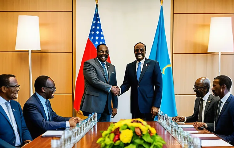 르완다의 주요 국제 협정 - A vibrant, high-definition photograph capturing a historic moment of peace and reconciliation. In a ...