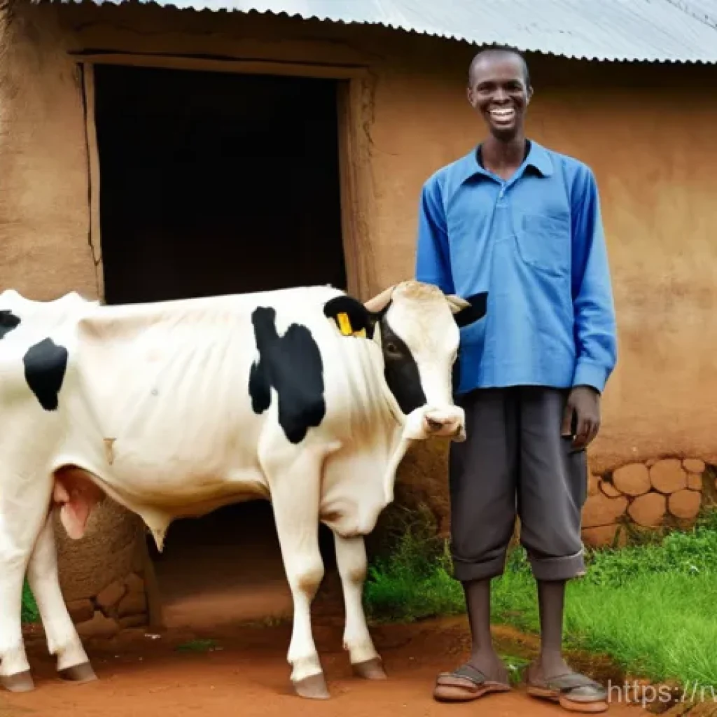 르완다 정부 프로젝트 - A Rwandan mother, father, and their young child stand proudly next to a healthy, adolescent dairy co...
