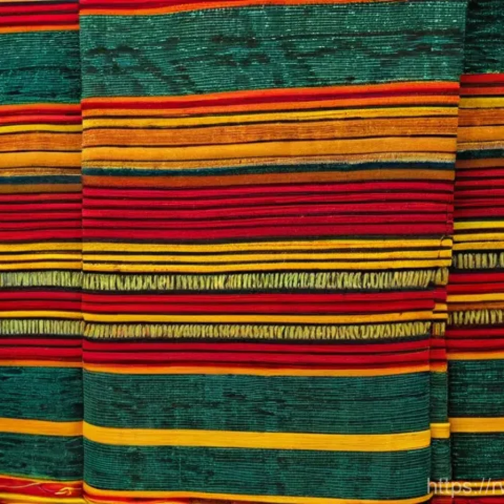 르완다의 전통 직물 전시회 - A close-up, high-angle shot showcasing a vibrant collection of Rwandan traditional textiles (Ibisang...