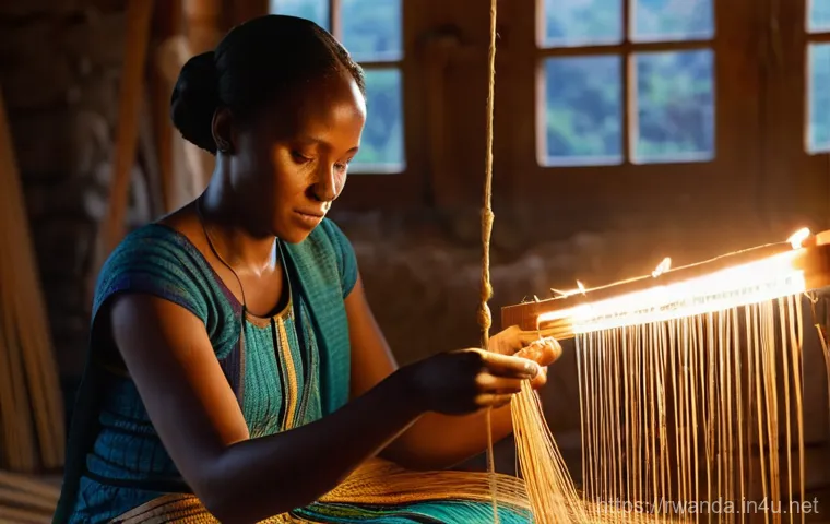르완다의 전통 직물 전시회 - A close-up, high-angle shot showcasing a vibrant collection of Rwandan traditional textiles (Ibisang...