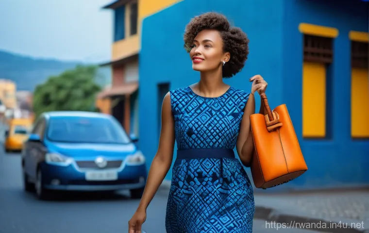 르완다의 전통 직물 전시회 - A Rwandan woman artisan, elegantly dressed in modest, traditional attire, is meticulously hand-weavi...