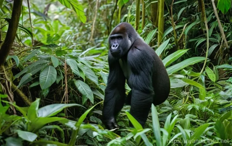 르완다에서의 여행 준비 가이드 - A group of tourists, dressed in long-sleeved shirts, trousers, and hiking boots, are respectfully ob...