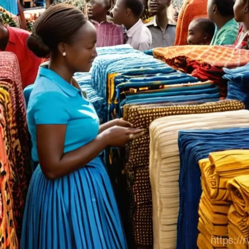 르완다 민속 의상 제작 과정 - **Prompt 1: A vibrant, bustling scene inside Kimironko Market in Kigali, Rwanda.** Focus on the expl...