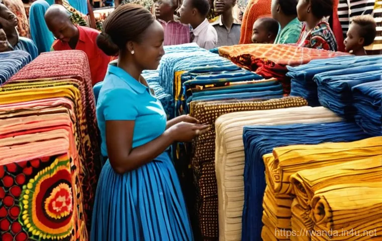 르완다 민속 의상 제작 과정 - **Prompt 1: A vibrant, bustling scene inside Kimironko Market in Kigali, Rwanda.** Focus on the expl...