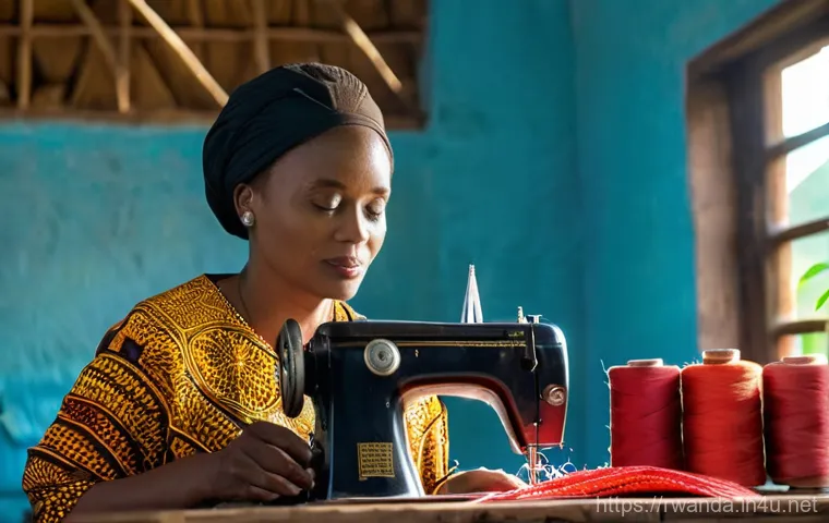 르완다 민속 의상 제작 과정 - **Prompt 2: An elegant Rwandan woman showcasing a bespoke Umushanana in a modern Kigali setting.** T...
