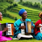 르완다 민속 음악의 교육적 가치 - A vibrant scene depicting a Rwandan folk music performance. Elderly Rwandan musicians, dressed in co...