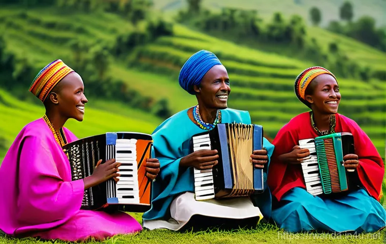르완다 민속 음악의 교육적 가치 - A vibrant scene depicting a Rwandan folk music performance. Elderly Rwandan musicians, dressed in co...