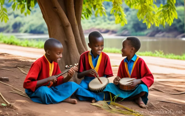 르완다 민속 음악의 교육적 가치 - A vibrant scene depicting a Rwandan folk music performance. Elderly Rwandan musicians, dressed in co... 르완다 민속 음악의 교육적 가치 - A vibrant scene depicting a Rwandan folk music performance. Elderly Rwandan musicians, dressed in co...