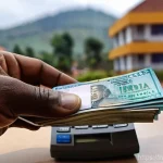 르완다에서의 환율 정보 - A contemporary scene in Kigali, Rwanda, showing a person, possibly a tourist or business traveler, c...