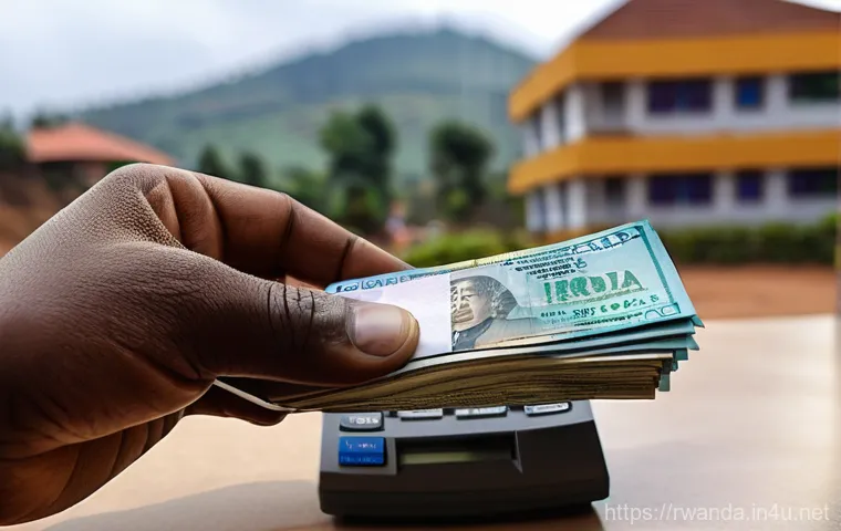 르완다에서의 환율 정보 - A contemporary scene in Kigali, Rwanda, showing a person, possibly a tourist or business traveler, c...